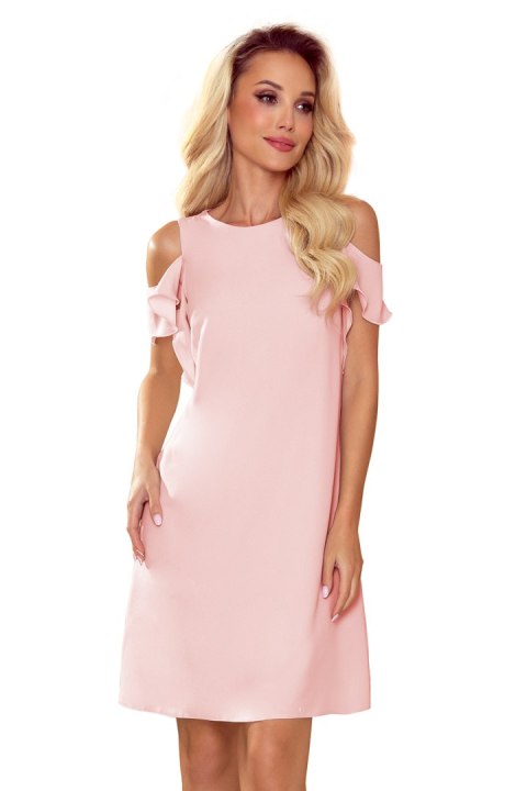 359-1 Trapezowa sukienka z falbankami na ramionach - PASTELOWY RÓŻ - XXL