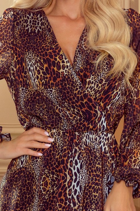 364-2 LAUREN Szyfonowa sukienka z dekoltem i falbankami - PANTERKA - XXL