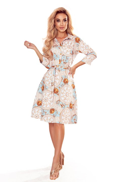 286-4 SANDY Koszulowa rozkloszowana sukienka - BIAŁO-ZŁOTE KOŁA - XXL