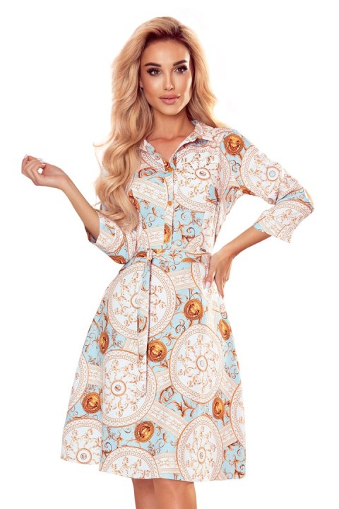 286-4 SANDY Koszulowa rozkloszowana sukienka - BIAŁO-ZŁOTE KOŁA - XXL