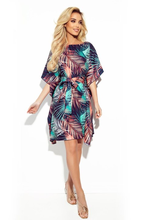 287-20 SOFIA Sukienka motyl z wiązaniem w pasie - palmowe LIŚCIE - L/XL 287-20 SOFIA Sukienka motyl z wiązaniem w pasie - palmowe LIŚCIE - L/XL