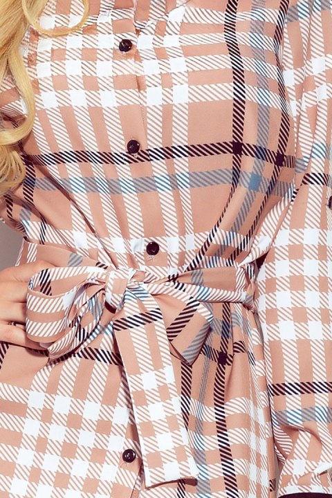 288-4 Koszulowa sukienka z guzikami - BEŻOWO BIAŁA KRATKA - S