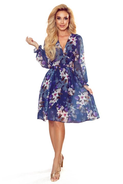 388-1 FRANCES - szyfonowa sukienka z dekoltem - granatowa w kwiaty - M