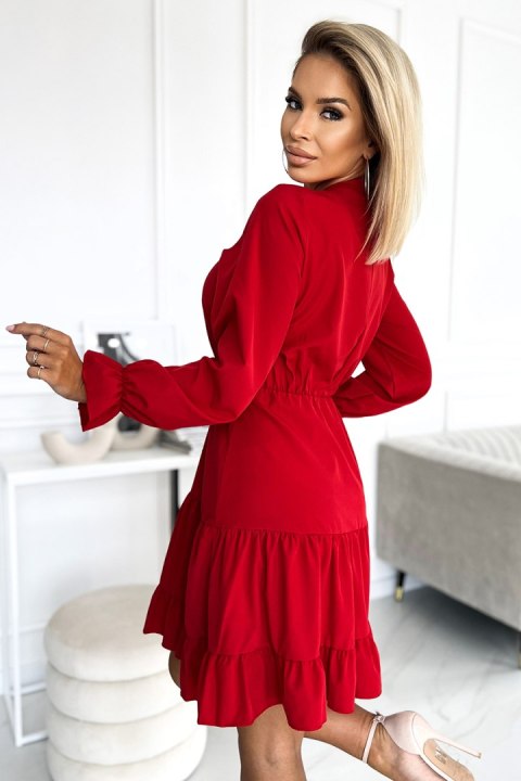 395-1 Sukienka z dekoltem i złotymi guzikami - CZERWONA - XXL