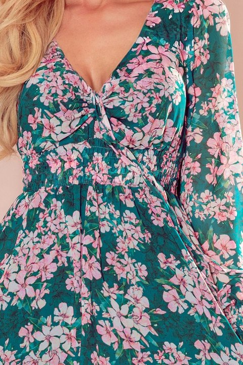 410-2 MONICA szyfonowa sukienka z wiązanym dekoltem - RÓŻOWE KWIATY NA ZIELONYM TLE - M