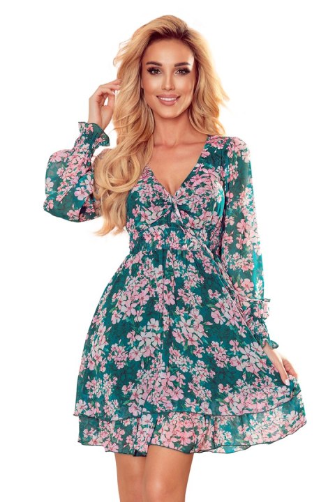 410-2 MONICA szyfonowa sukienka z wiązanym dekoltem - RÓŻOWE KWIATY NA ZIELONYM TLE - M