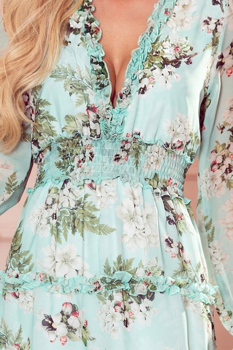 421-2 Szyfonowa sukienka z falbankami i szeroką gumą - KWIATY na zielonym tle - M