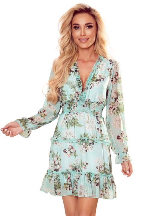 421-2 Szyfonowa sukienka z falbankami i szeroką gumą - KWIATY na zielonym tle - M