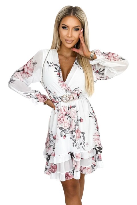 422-2 ROSETTA Kobieca sukienka z kopertowym dekoltem i paskiem - BIAŁA W RÓŻE - UNI